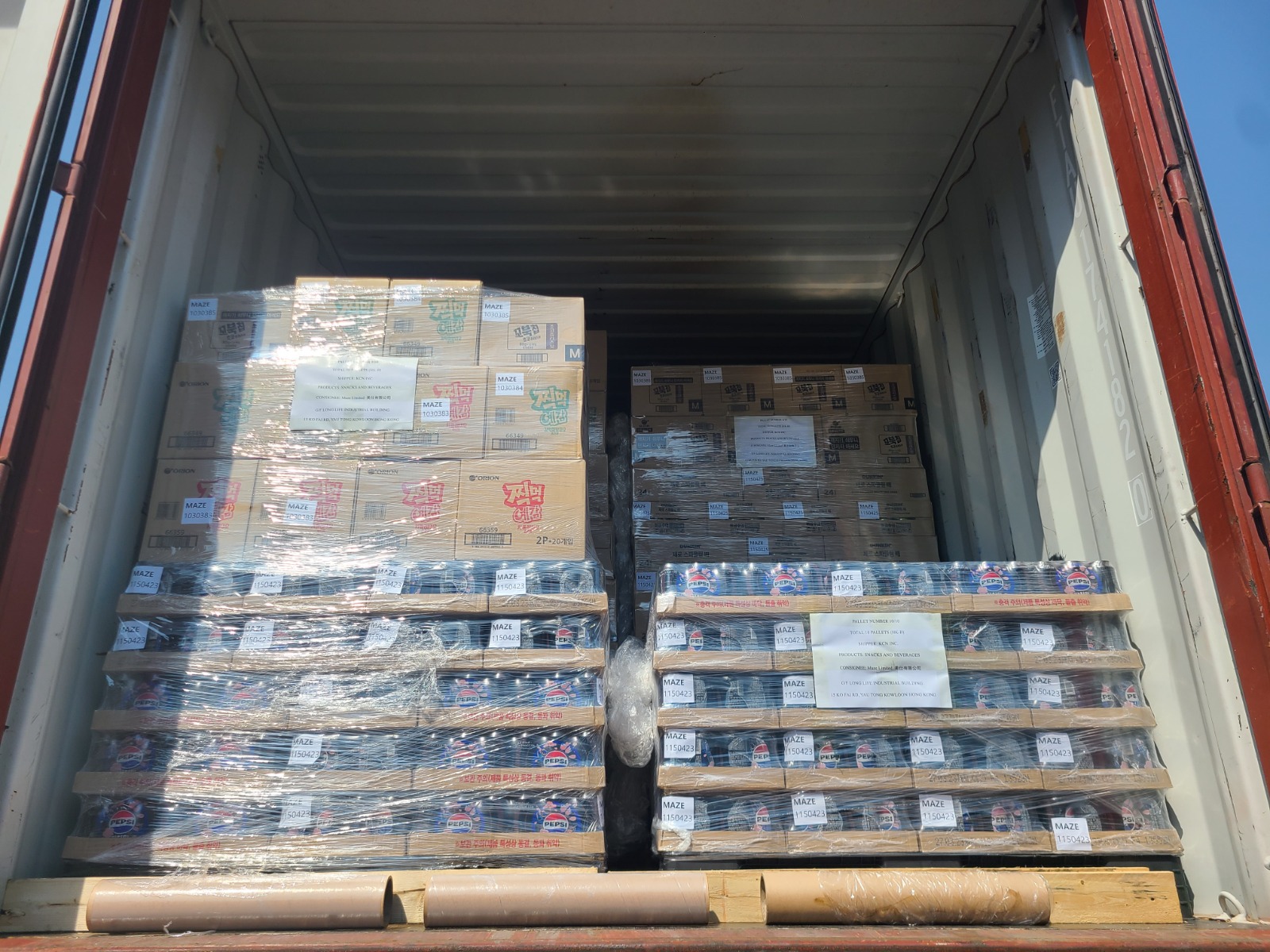 Beverage pallets in a shipping container