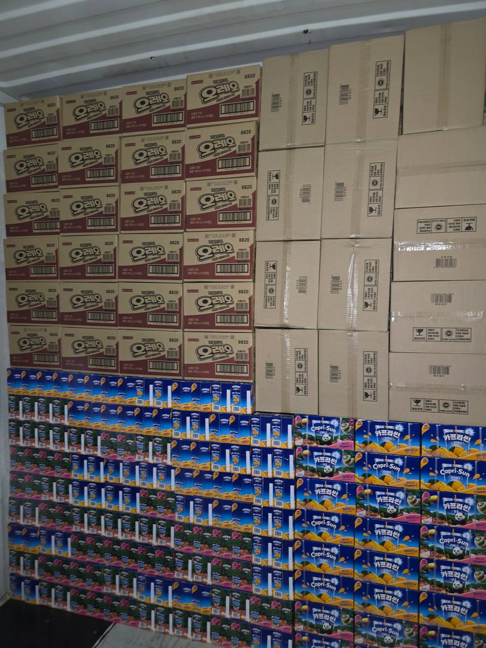 Korean FMCG cartons and drinks inside a container